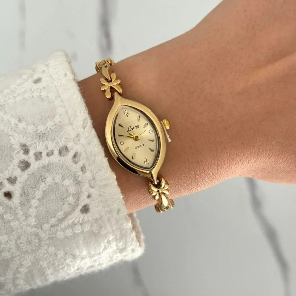 SKU0498 Retro Gold Women Casual Fashion Oval Watch Stainless steel +‎ gift bag